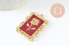 Red enamel pink flower rectangle pendant, gold zamac pendant, brass jewelry, flower, gold zamac pendant, 27.5mm, X1 G3713