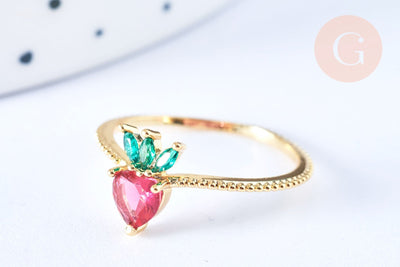 Bague fruit fraise laiton doré 16K zircons, x1 (G6567)