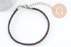 Bracelet réglable cuir cacao acier platine 304 inoxydable 3mm-21.5cm, bracelet unisexe acier inoxydable, x 1 G9574