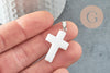 Pendentif croix jade naturel blanc acier inoxydable 29mm,pendentif pierre, support argent, création bijoux pierre, x1 G1696