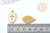 Pendentif médaille ovale croix émaillée acier 304 doré 18K inoxydable 23mm,création bijoux religion, X1 G8717