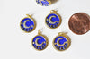 Pendentif médaille rond lune étoiles émail bleu laiton doré zircons, pendentif laiton émaillé,sans nickel,18mm, X1 G5270