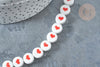 Perles Rondes plates porcelaine blanche cœur rouge 10.5x5.5mm,bijoux porcelaine, fil de 30cm, x1 G7804